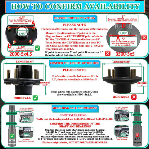 Beefed Up Trailer Hub Kit 2000 Lb Capacity With Five On Four Point Five Inch Bolt Pattern showing measurement guide and specifications.