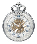 Mechanical Pocket Watch With Magnifier Case And Half Hunter Engraved Silver Chain Skeleton Dial Roman Numerals Classic Vintage Style