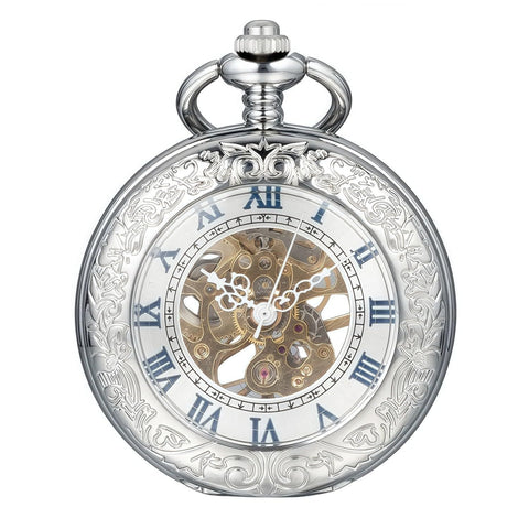 Mechanical Pocket Watch With Magnifier Case And Half Hunter Engraved Silver Chain Skeleton Dial Roman Numerals Classic Vintage Style