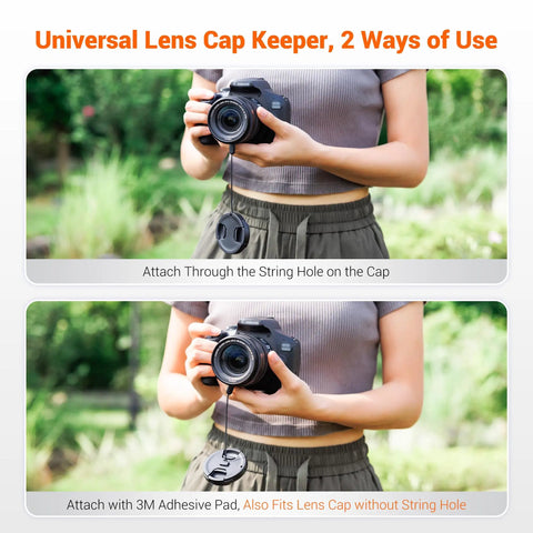 Two Pack 58mm Front Lens Cap With Center Pinch And Universal Lens Cap Keeper showing attachment options on a camera outdoors