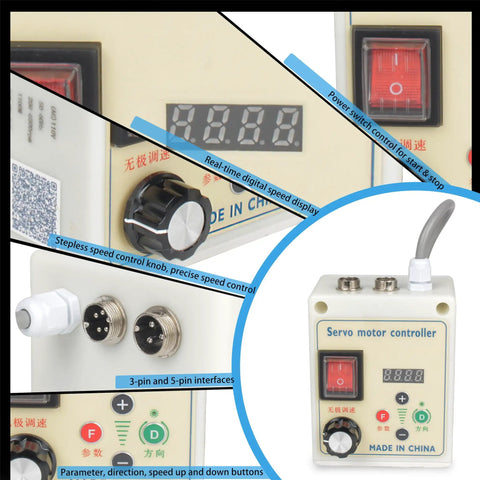 Close-up of servo motor controller with digital display, speed control knob, 3-pin and 5-pin interfaces for 1100W AC Servo Motor Kit For CNC Machines.