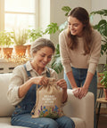 Two women smiling with a bag labeled 'Herbal Harmony Seeds' for 39 Heirloom Medicinal Herb Seeds For At Home Apothecary Kit Non GMO Variety For Herbal Medicine And Tea Garden DIY Remedies Grow Your Own Healing Plants Made In USA Great Gift For Garden Lovers And Nature Fans.