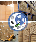 Heavy Duty Polypropylene Banding Strapping Kit With Half Inch By 3200 Foot Clear Packing Strap Plus 100 Steel Seals in warehouse setup.