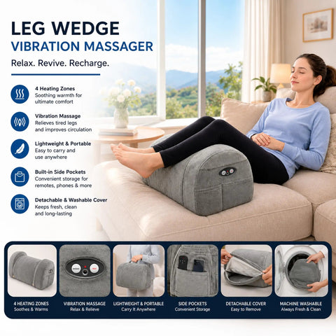 Carepeutic Contoured Leg Rest Wedge With Vibration Massage And Heat on a sofa, showcasing ergonomic design and side pockets.