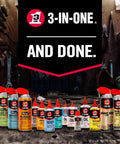 Assorted 3-IN-ONE lubricant products displayed on a workshop bench, showing various formulas for multiple applications.