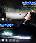 Hand holding Beast Bright 2000 Lumen Tactical Flashlight with rechargeable power illuminating dark outdoor scene