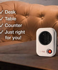 MyHeat 200 Watt Small Energy Efficient Portable Electric Ceramic Space Heater With Cool Touch Exterior For Office Desk And Home White 3 Pack ETL Listed Quiet Fast Heating Desk Side Convenience on a desk near a couch