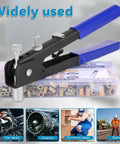 430 Pcs Rivet Nut Tool Kit M3 M4 M5 M6 M8 Alloy Steel Rivnut Set with black and blue finish, tool shown in use