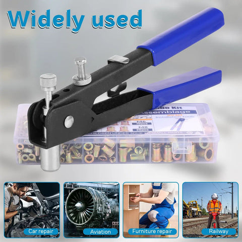 430 Pcs Rivet Nut Tool Kit M3 M4 M5 M6 M8 Alloy Steel Rivnut Set with black and blue finish, tool shown in use