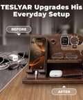 Solid Wood Phone Docking Station And Organizer For Men displaying phone, keys, and wallet on desk; Bourbon Brown finish.