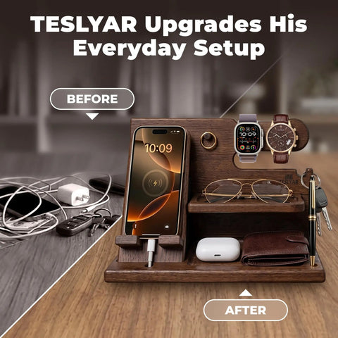Solid Wood Phone Docking Station And Organizer For Men displaying phone, keys, and wallet on desk; Bourbon Brown finish.