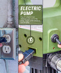 Smooth Operator Electric Drum Pump For Standard Fifty Five Gallon Drums With Precise Flow Meter And Flexible Telescopic Tube Quick Clean Fluid Dump Gear Real Tradesmen Always Swear By, showing AC plug connected to pump.