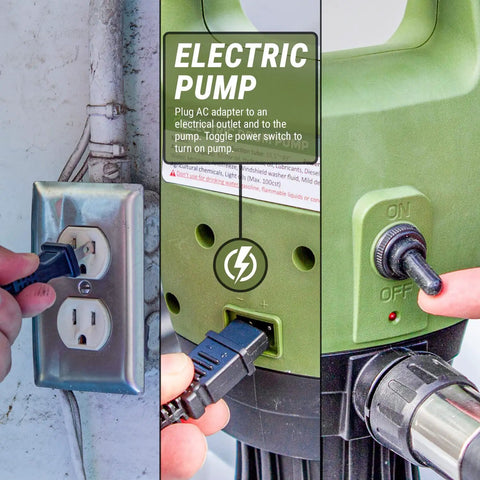 Smooth Operator Electric Drum Pump For Standard Fifty Five Gallon Drums With Precise Flow Meter And Flexible Telescopic Tube Quick Clean Fluid Dump Gear Real Tradesmen Always Swear By, showing AC plug connected to pump.