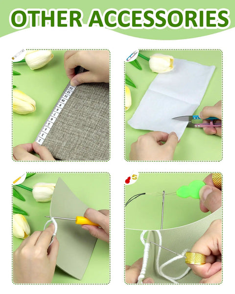 All-In-One Sewing Seam Ripper Kit accessories including tape measure, fabric, scissors, threaders, and thimble in use