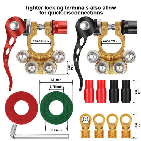 Beefy Pure Copper Battery Terminal Connectors 4 Way Quick Release 1 Pair with pads, sleeves, spanner, for cars and solar use.