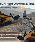 Mini Triangular Track Skid Steer Loader with 23HP engine, showing lifting arm and bucket on rugged terrain