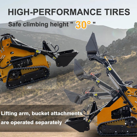 Mini Triangular Track Skid Steer Loader with 23HP engine, showing lifting arm and bucket on rugged terrain