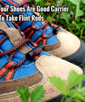 Six Pack 1 Inch Ferro Rod Fire Starter With Two Holes For DIY Paracord Bracelets attached to shoe laces outdoors