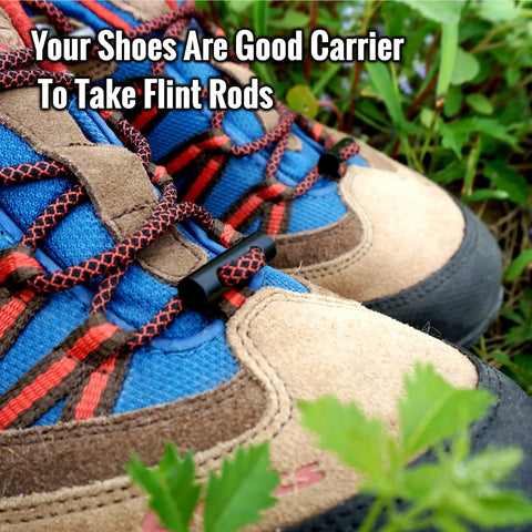 Six Pack 1 Inch Ferro Rod Fire Starter With Two Holes For DIY Paracord Bracelets attached to shoe laces outdoors