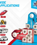 Lead Acid Battery Terminal Clamps Set For Positive And Negative Posts with four-way connectors and top-post adapters in red and blue.