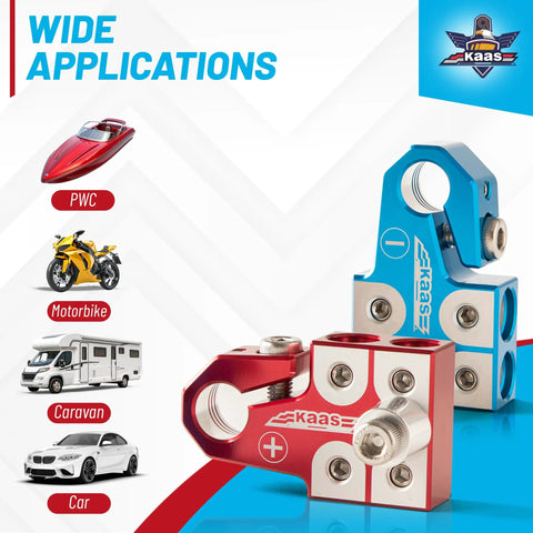 Lead Acid Battery Terminal Clamps Set For Positive And Negative Posts with four-way connectors and top-post adapters in red and blue.