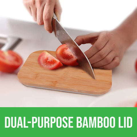Person slicing tomato on bamboo lid of Borosilicate Glass Food Storage Containers With Bamboo Lids Dope Four Pack 36 Ounce Airtight Meal Prep Containers Plastic Free And BPA Free Microwave Freezer Safe