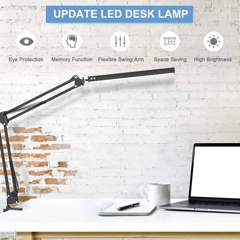 Swing Arm Desk Lamp With Clamp Dimmable Eye Care Desk Light Memory Function shown mounted on modern desk setting