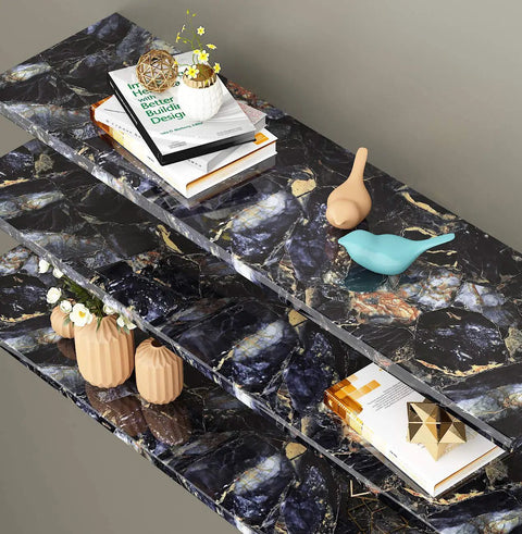 Blue marble peel and stick wallpaper covers shelves, featuring decorative items. Marble Peel And Stick Wallpaper For Countertops And Surfaces DIY Friendly No Mess Install Waterproof Vinyl Self Adhesive Countertop Cover Removable For Kitchen Bath Desk Or Dresser Makeover.