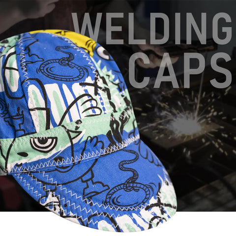 Reversible 8-Panel Welding Cap With 240GSM Flame-Resistant Fabric And 100 Percent Cotton Lining For All Day Comfort And Protection, Heavy Duty Headwear For Pros And DIYers, 8 Inch Fit with abstract blue and green pattern.