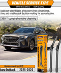 3 Pack Windshield Wiper Blades For Subaru Outback 2020 2025, car driving with packaging and blades shown