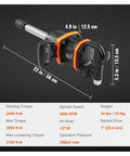 Heavy Duty 1 Inch Air Impact Wrench Delivering 3160 Ft Lbs Breakaway Torque Pro Pneumatic Impact Gun dimensions and specs on black background.