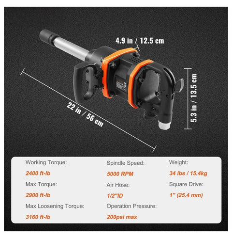Heavy Duty 1 Inch Air Impact Wrench Delivering 3160 Ft Lbs Breakaway Torque Pro Pneumatic Impact Gun dimensions and specs on black background.