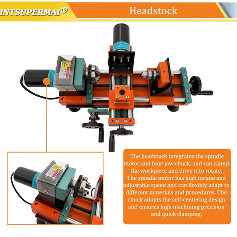 Intsuprmai Dual Motor Mini Wood Lathe Machine headstock, 350w spindle motor for precise bead making and soft metal turning.