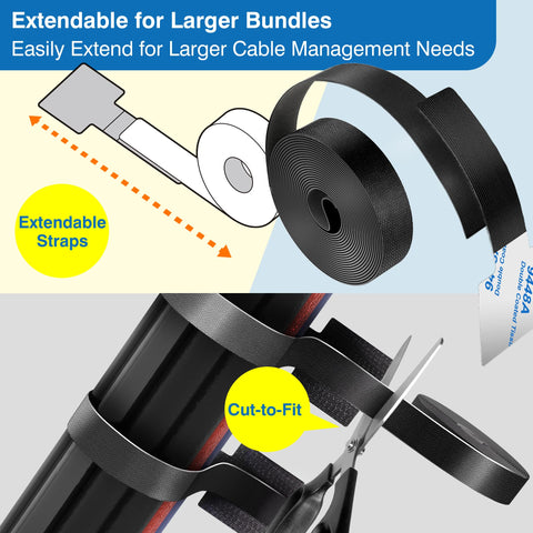 Ultimate Cable Management Kit with black extension straps, scissors showing cut-to-fit feature for desk, wall, home, and office.