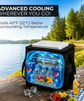 Plug In Electric Portable Cooler And 12V Car Fridge 14 Quart Capacity Soft Sided Travel Bag For Camping And Road Trips Keeps Your Grub And Drinks Ice Cold Zero Hassle Required Extra Pockets Plus Folds Flat with drinks and fruits on a picnic table by the lake.