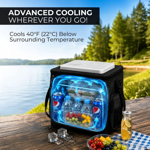 Plug In Electric Portable Cooler And 12V Car Fridge 14 Quart Capacity Soft Sided Travel Bag For Camping And Road Trips Keeps Your Grub And Drinks Ice Cold Zero Hassle Required Extra Pockets Plus Folds Flat with drinks and fruits on a picnic table by the lake.