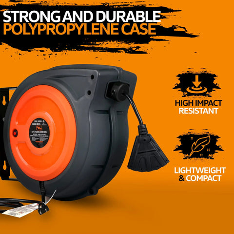 Retractable Extension Cord Reel With 50 Ft 16 AWG SJTOW Cable in orange polypropylene case, commercial grade