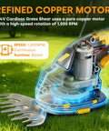 Cutaway view of a Cordless Hedge Trimmer And Grass Shear 2 In 1 Handheld Electric Tool With Rechargeable Battery, showing copper motor.
