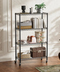 Built Like A Tank Four Tier Heavy Duty Wire Storage Shelves With Wheels For Closet Bathroom Pantry Kitchen Garage And Laundry Room Organization Black Steel Adjustable Height Shelving Unit Each Shelf Holds 350 Pounds Total 1400 Pound Capacity displayed in room.