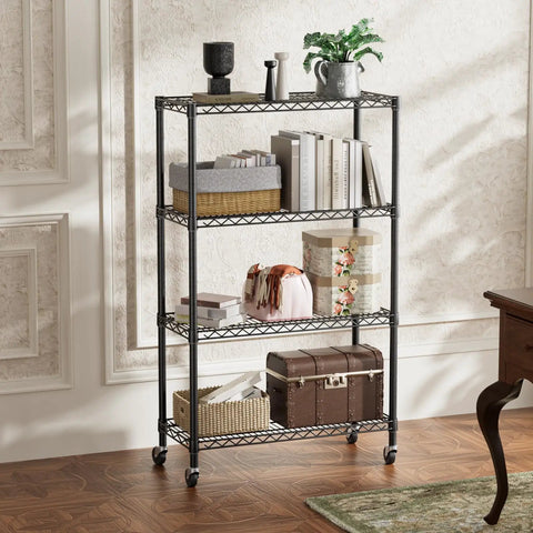 Built Like A Tank Four Tier Heavy Duty Wire Storage Shelves With Wheels For Closet Bathroom Pantry Kitchen Garage And Laundry Room Organization Black Steel Adjustable Height Shelving Unit Each Shelf Holds 350 Pounds Total 1400 Pound Capacity displayed in room.