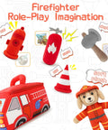 Plush Firefighter Playset For Babies And Toddlers A 6 Piece Sensory Pretend Play Kit With Fire Truck Dalmatian Firefighter Dog Extinguisher Toy Perfect Infant Gift For Boys And Girls So Cute showing 6 plush pieces including truck and dog.