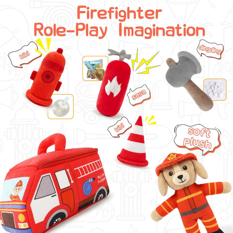 Plush Firefighter Playset For Babies And Toddlers A 6 Piece Sensory Pretend Play Kit With Fire Truck Dalmatian Firefighter Dog Extinguisher Toy Perfect Infant Gift For Boys And Girls So Cute showing 6 plush pieces including truck and dog.