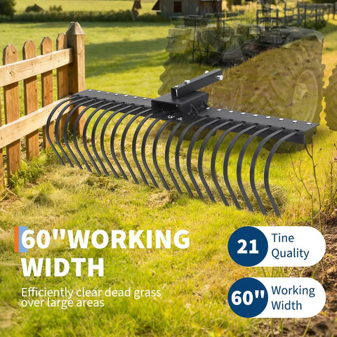 Tow Behind Landscape Rake 60 Inch Dethatcher With 21 Steel Coil Tines for Leaves Pine Needles and Grass on Lawn