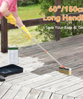 Person using Long Reach Deck Stain Brush Kit With 60 Inch Extension Pole For Easy To Reach 7 Inch Wide Stain Applicator on deck