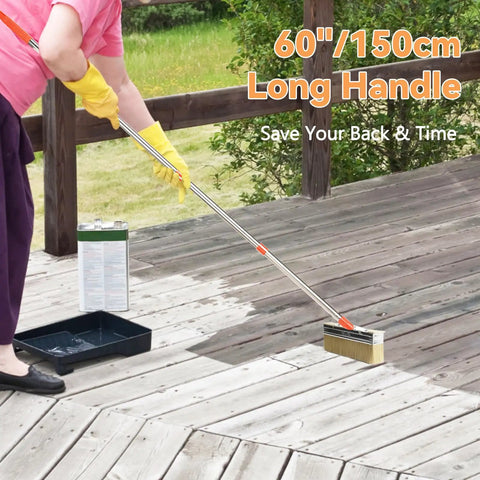 Person using Long Reach Deck Stain Brush Kit With 60 Inch Extension Pole For Easy To Reach 7 Inch Wide Stain Applicator on deck