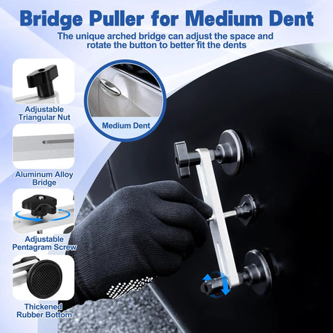 All In One 140 Piece Car Dent Removal Kit With T Bar Slide Hammer Bridge Puller Dent Lifter Suction Cups Glue Gun Tap Down Pen 100 Plus Puller Tabs For Easy DIY Dent Repair Of Dents Hail Damage And Door Dings. bridge puller on car door