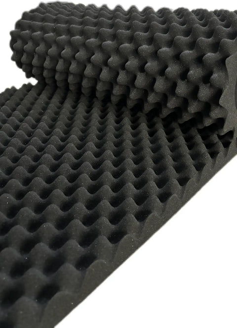 Top Shelf Egg Crate Foam Soundproof Panels High Density Fireproof Wall Acoustics 48 X 24 X 2 Inches Black noise blocking foam close-up.