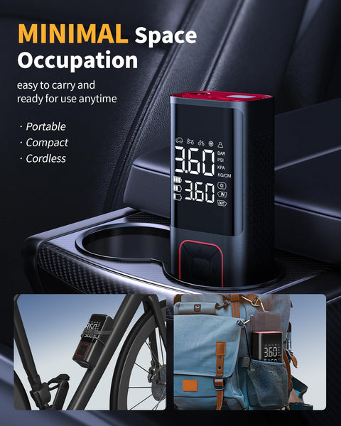 On The Go Cordless Tire Inflator Portable Air Compressor 150 PSI Auto Shutoff in car cup holder with LED display