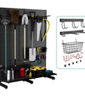 Garage Pegboard Tool Organizer Free Standing Rack With 21 Pegboard Storage Hooks, heavy duty steel, holds garden tools.
