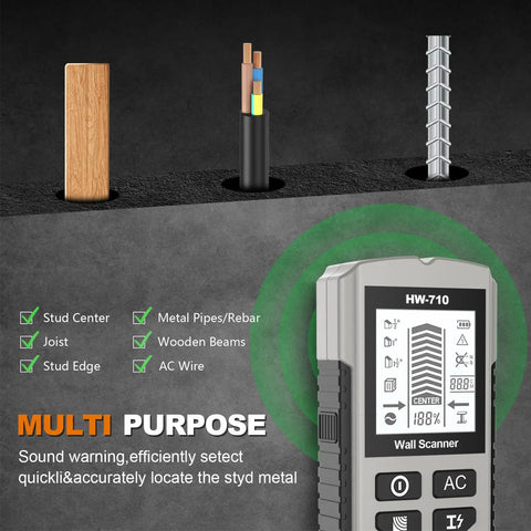 Hilitand Wall Scanner Stud Finder Detector 3 Scanning Modes showing LCD display detecting stud center, joists, and AC wires.